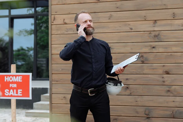Real estate agent making a phone call while holding documents near home for sale sign. Building a practical checklist from a buyer's task