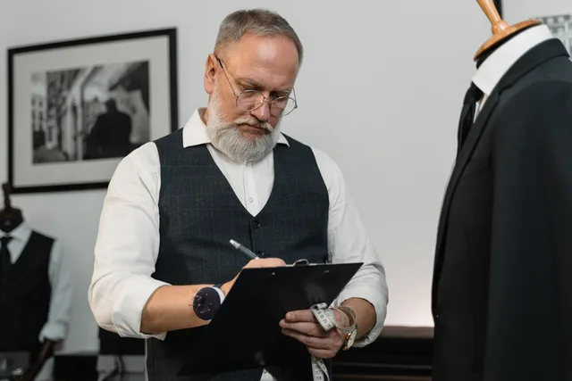Experienced tailor taking measurements for a suit in a modern workshop setting. Defining fit and intent as separate criteria