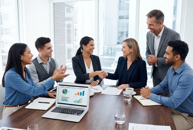 meeting, conference, business, office, team, collaboration, agreement, handshake, partnership, corporate, professional, discussion, presentation, chart, graph, laptop, documents, strategy, negotiation, success, leadership, workplace, formal, ai generated. Inbound B2B lead generation